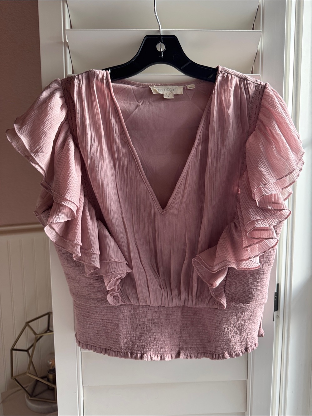 Blush Pink Ruffle Sleeve V-Neck Women's Top